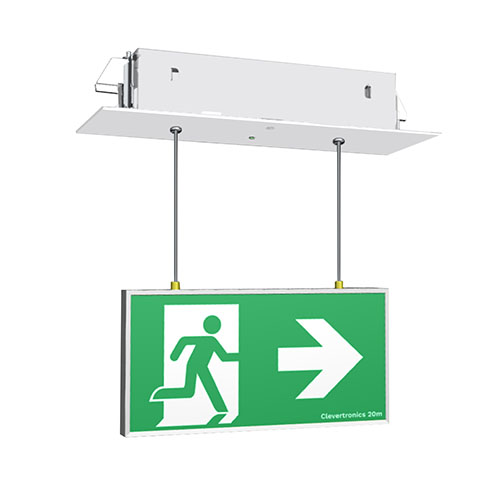 Form 20M Exit, Recessed Ceiling Mount, Cable Suspended, L10 Nanophosphate, Clevertest Plus, All Pictograms, Double Sided, Brushed Aluminium Frame